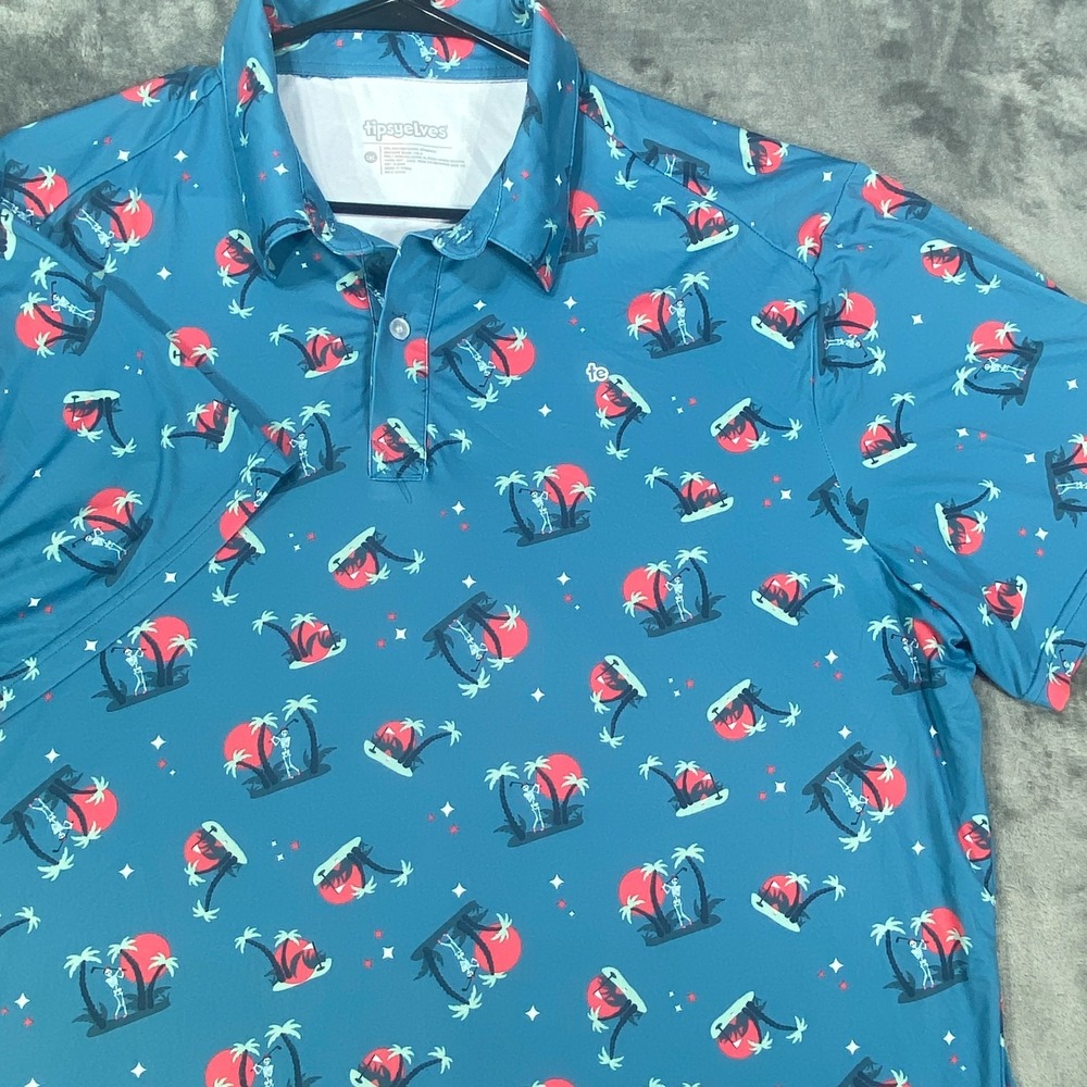 Tipsy Elves Polo Golf Shirt Mens 2XL Blue Skeleton Golf All Over Print Stretch